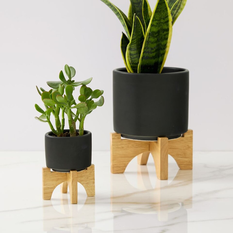 MidCentury Turned Wood Tabletop Planters Black West Elm UK